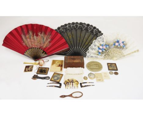 Mixed lot of collectables including three hand held fans, vintage Christmas decorations, small collection of lace, four frame