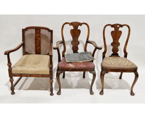 Two early 20th century walnut dining chairs&nbsp;in the Queen Anne manner (including one carver), the shaped backs with solid