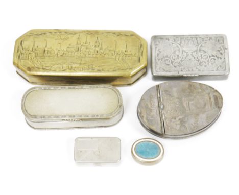 19th century Dutch brass tobacco box, the lid engraved with a scene of Delft, 14cm long together with white metal oval curved