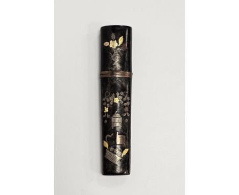 George III tortoiseshell piquet etui&nbsp;inset with silvered gilt and copper birdcages, baskets, flowers and vases, 10.2cm l