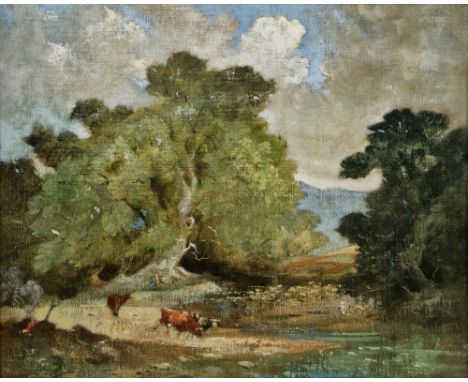 20th century school Oil on board New Forest river landscape with cattle watering, unsigned, framed, 39.5cm x 45cm