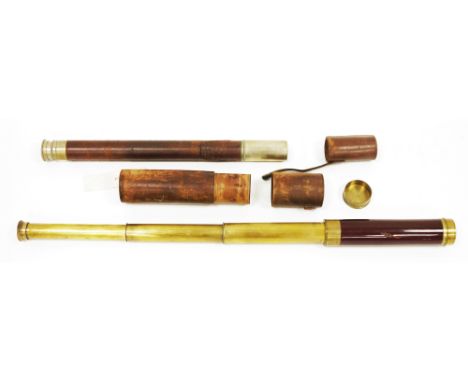 Late19th / early 20th century brass and  mahogany two- draw telescope by Cumins of 148 Leadenhall Street, London, 42cm long e