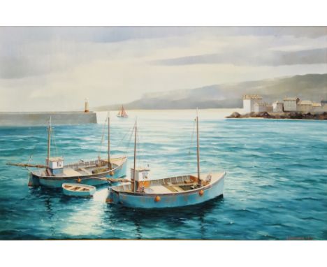 K.B. Hancock (1925-2014) Oil on canvas Fishing boats in harbour, signed and dated 1973 lower right, framed, 61cm x 91.5cm