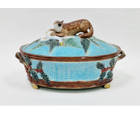 English majolica oval two-handled game pie dish and cover, circa 1880, probably Joseph Holdcroft, two X marks to bases, the c