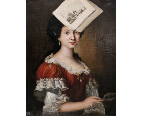 18th century, Continental school Oil on canvas  Three-quarter length portrait of a lady, wearing a lace-edged red velvet dres