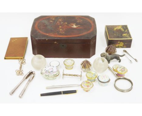 Two Japanese lacquered boxes containing various small collectables including five Bilston &amp; Battersea enamels pill boxes,