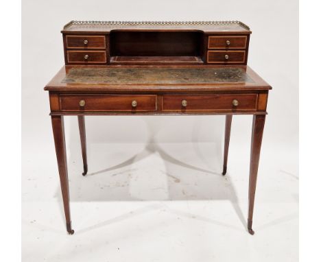 Edwardian mahogany and satinwood inlaid Sheraton Revival lady's writing desk, the upper structure with four small drawers and