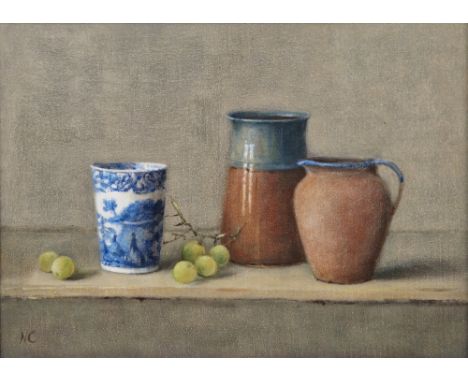 Nellie Crawford (Australian, contemporary) Oil on canvas 'Brown Jug, Grapes & Blue and White Pot', still life, initialled NC 