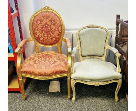 French Louis XVI-style giltwood elbow chair, the oval back with carved frame and upholstered back, arm rests and stuffover se