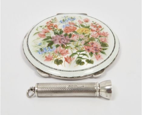 Silver compact, Birmingham 1959, Henry Clifford Davis, of circular form, the hinged lid with guilloche enamel and floral deco