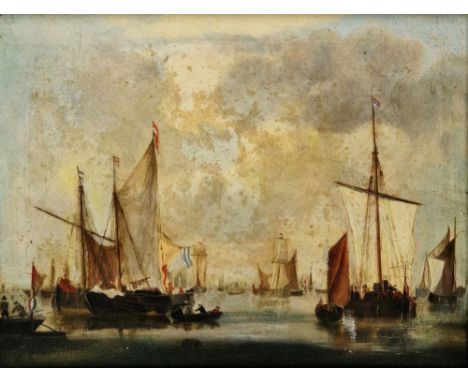 19th century school Oil on canvas Fishing boats moored in harbour, unsigned, 41cm x 53.5cm