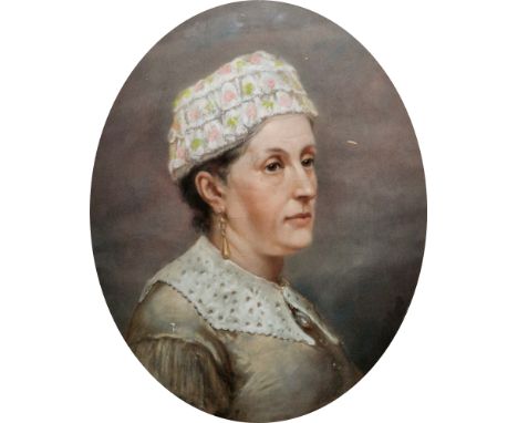 19th century school Pastel on paper Portrait of a woman wearing white floral bonnet, unsigned, oval framed and glazed, mount 