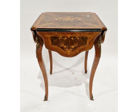 French Louis XV-style rosewood and walnut drop-flap table, the square top inlaid with flowers and foliage, having four shaped