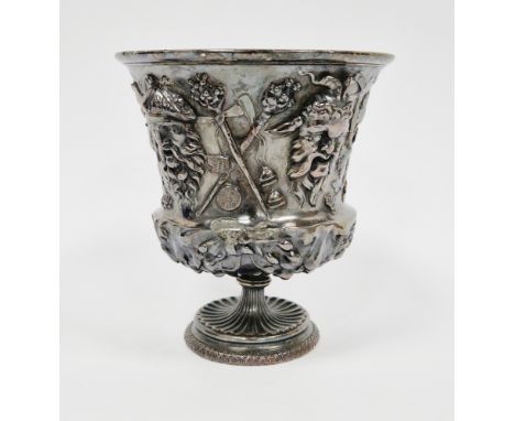 French ' Christofle &amp; Cie ' Hildesheim Treasure silver plate facsimile goblet, having relief decoration of face masks, gr