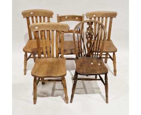 Set of three lath and slatback elm seated kitchen chairs, 90cm high x 46cm wide,&nbsp;a 19th century elm seated kitchen chair