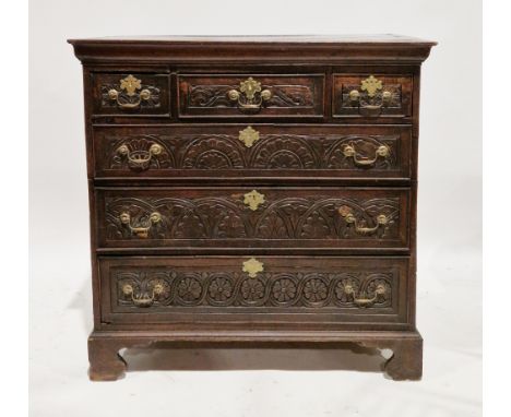 18th century oak chest of drawers, the moulded rectangular top over three short and three long cockbeaded graduated drawers w