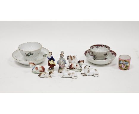 Collection of miniature porcelain models of animals and figures&nbsp;including: a pair of sheep, possibly Meissen, unmarked, 