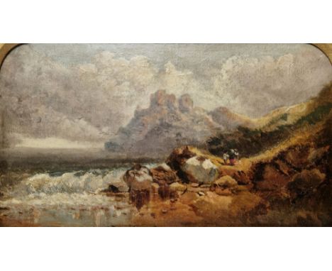 19th century school in the manner of Joseph Horlor (1809-1887) Oil on canvas Coastal scene with figures, ruins in distance, u