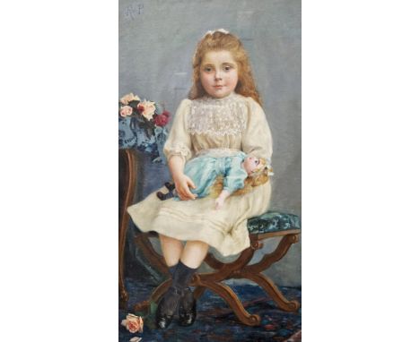 19th/20th century school Oil on canvas Full-length portrait of a young girl seated on a stool wearing white dress and holding