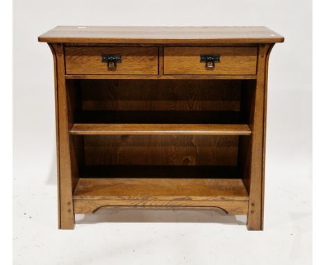 Sherry Furniture oak side table&nbsp;in the Arts &amp; Crafts manner, the rectangular top over two drawers with metal drop lo