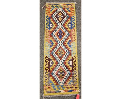 Chobi Kilim blue ground runner with four hooked lozenges, single geometric border&nbsp;157cm x 55cm