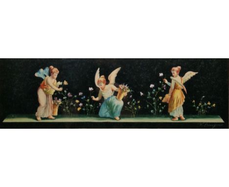 Vincenzo Bisogno (Italian, 1866-1933) Watercolour and gouache Classical frieze depicting three cherubs picking flowers, signe