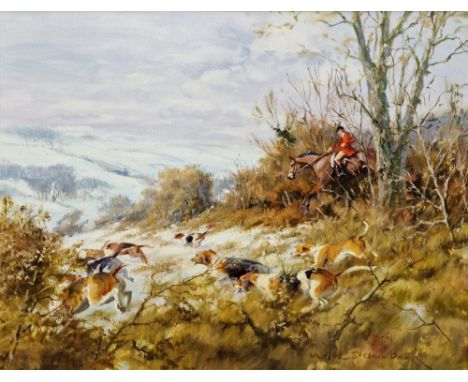 Heather St. Clair Davis (British, 1937-1999) Oil on canvas "In Full Flow", huntsman and hounds in pursuit in snowy landscape,