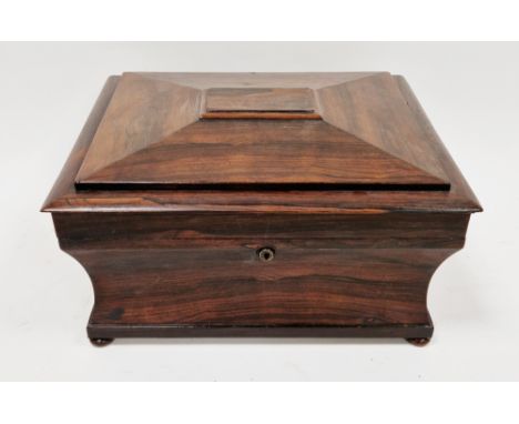Large 19th century rosewood tea caddy&nbsp;of sarcophagus-form, having four lidded compartments and two glass bowls, on bun f