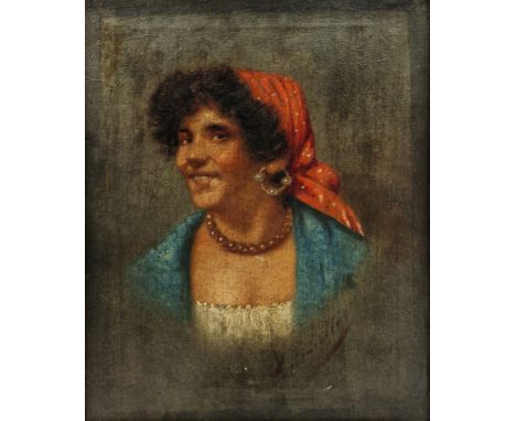 Arturo Petrocelli (Italian, 1856-1926) Oil on canvas Portrait of a gypsy woman wearing red headscarf, signed lower right, fra