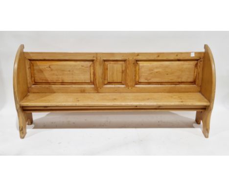 Late 19th/early 20th century pine pew-type bench&nbsp;with three panel back and curved ends, on arched cut supports, 82cm hig