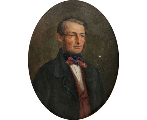 Alfred Weigall (act.1855-1866) Oil on card, mounted on panel Half length portrait of a gentleman, inscribed verso, image size