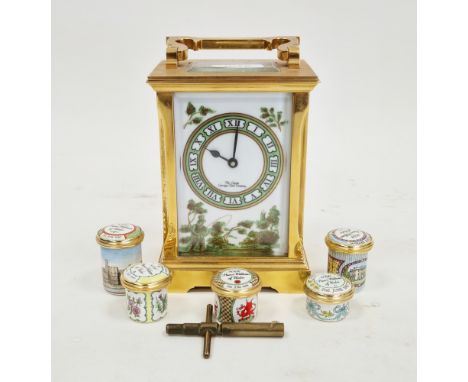 Gilt brass carriage clock made by the Chester Carriage Clock Company, having porcelain panels decorated with 18th century fis