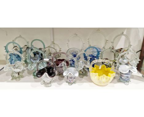 Collection of 20 Murano and Murano-style glass baskets&nbsp;including spattered, threaded and combed designs, all with loop h