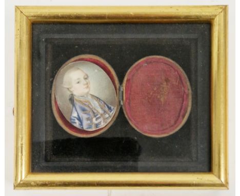 Late 18th century School  Portrait miniature on ivory, depicting a gentleman, three-quarter length, wearing his hair en queue