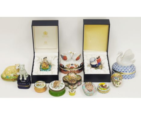 Collection of twelve enamel and ceramic trinket and pill boxes including Halcyon Days Humpty Dumpty and the Owl and the Pussy