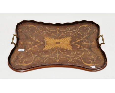 Edwardian mahogany serving tray, the shaped outline with wavy gallery rail, satinwood foliate scrolling inlay and a pair of b