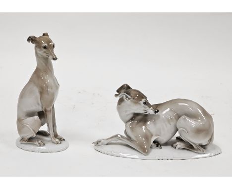 Two Rosenthal porcelain models of whippets/greyhounds, modelled by Theodor Karner, the first modelled seated on its haunches 
