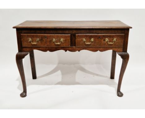 18th century oak dresser base, the rectangular top with thumbmoulded edge, over two frieze drawers with thumbmoulded edges an