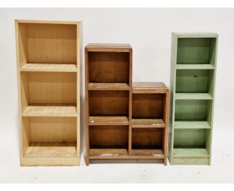 Two early to mid-century painted wooden bookcases, largest 110cm high x 44cm wide x 23cm deep,&nbsp;an oak stepped bookcase, 