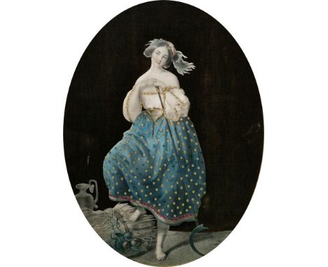 Framed Victorian decoupage/embossed picture of a young lady, standing, in long blue dress, enriched with gilt jewelling, in o