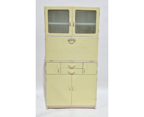 Mid-century retro Hygena pale yellow and white kitchen larder cupboard&nbsp;comprising two glazed cupboard doors over a drop 