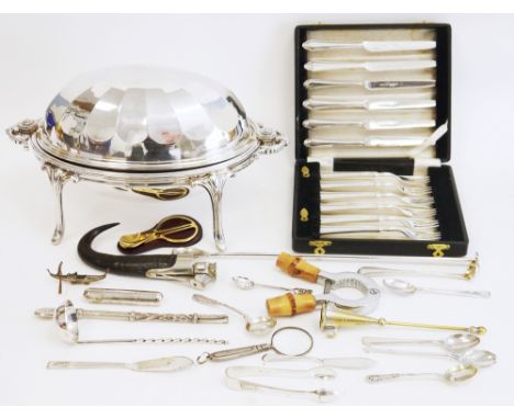 Early 20th century ram's horn and chrome cigar cutter, silver plated breakfast dish, 35cm long, a cocktail stirrer, a cased s