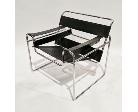 In the manner of Marcel Breuer, a Wassily-style chrome-effect tubular chair&nbsp;with black leather strap, seat back and arms