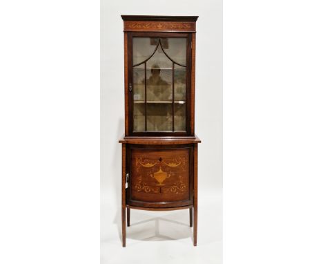 Edwardian Sheraton Revival mahogany and satinwood inlaid display cabinet, the upper section with a single astragal-glazed doo