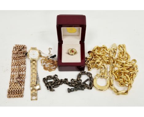 Collection of costume jewellery including a gold-plated gate-bar bracelet, gold-tone necklace, Pulsar watch, cased British Le