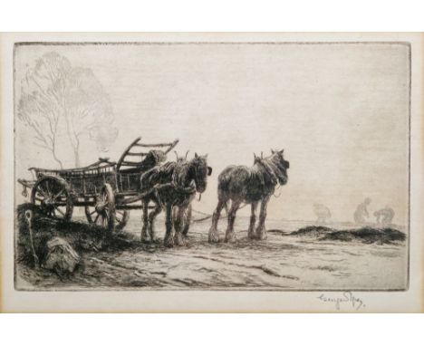 George Soper (1870-1942) Drypoint etching "Mangels", rural scene with horse and cart in field with workers harvesting mangels