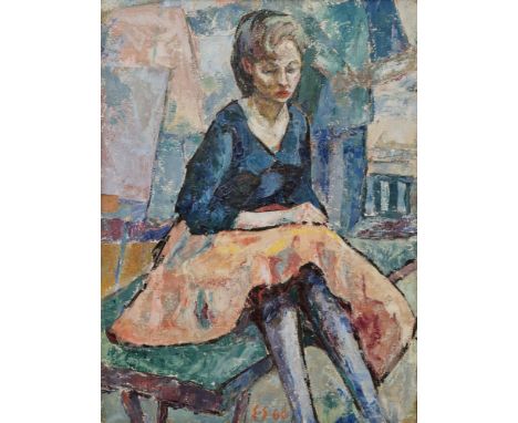 Mid-20th century school  Oil on board Portrait of a seated lady, with abstract background, initialled E.S. dated '60, 51.5cm 