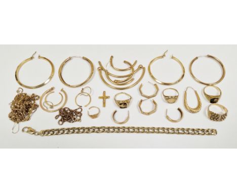 Collection of broken gold jewellery, mainly 9ct, including rings, earrings, necklaces and pendants, approximate total weight 