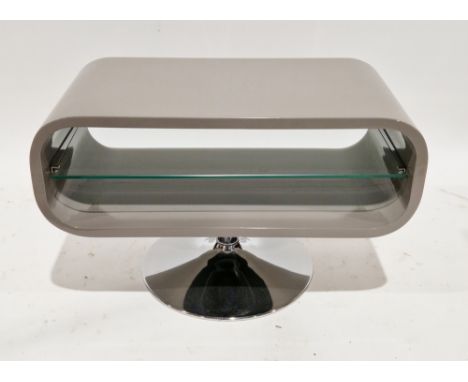 Retro Techlink-style media stand, the curved grey plastic top with single glass shelf, on a chrome-effect pedestal support wi