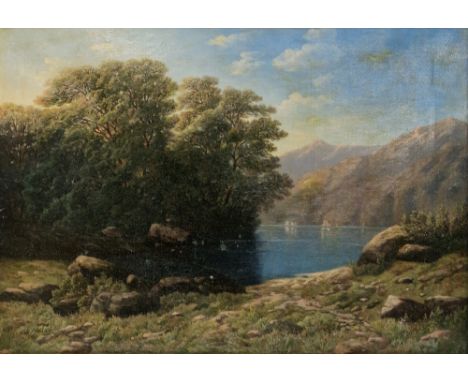 Denis Motta (1821-1889) Oil on canvas Mountainous lake landscape, signed and dated 1860 lower left, 31.7cm x 44.5cm 